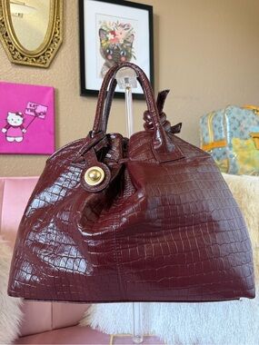 AUTH KOORELOO Burgundy Croc-Embossed Leather Satchel Bag w Knot Detail. Handmade
